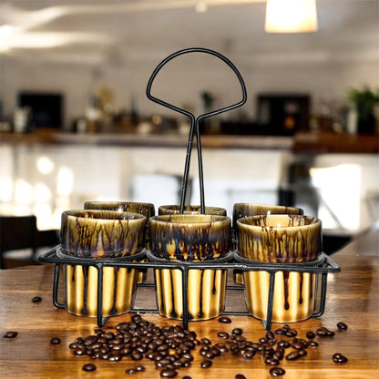 SOULCRAFTZ Dual Glazed Edition Coffee & Tea Cups With Wire Holder & Elegant Studio Pottery, Set Of 6(Multicolour, 120ml)