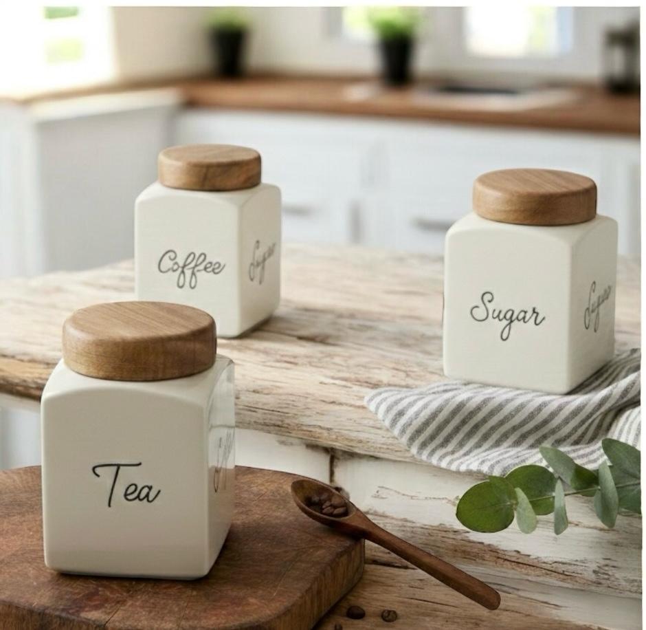 Ceramic Tea Coffee Sugar Storage Jars with Wooden Lid – Set of 3, Square