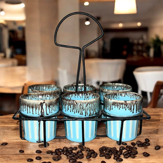 SOULCRAFTZ Dual Glazed Edition Coffee & Tea Cups With Wire Holder & Elegant Studio Pottery, Set Of 6(Multicolour, 120ml)