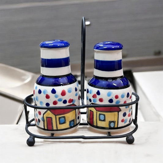 SOULCRAFTZ Salt Pepper Sprinkler Set for Dining Table & Kitchen Ceramic Salt and Pepper Shakers Set Dispenser Set with Wire Holders (80 ML)