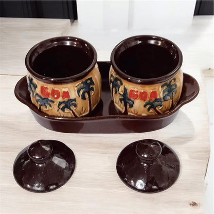 SOULCRAFTZ Ceramic Pickle Serving Jar Set with Tray | Condiment Set | Masala Container | Pickle and Chutney Jar Set for Dining Table | Goa Edition | 200ML Set of 2