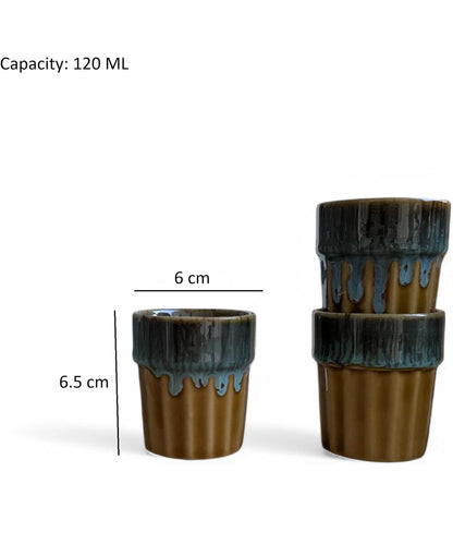 SOULCRAFTZ Dual Glazed Edition Coffee & Tea Cups With Wire Holder & Elegant Studio Pottery, Set Of 6(Multicolour, 120ml)